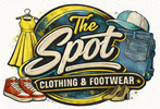 Logo of 'The Spot Clothing & Footwear' with clothing and shoes graphics on a white background