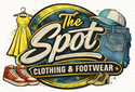 Logo of 'The Spot Clothing & Footwear' with clothing and shoes graphics on a white background